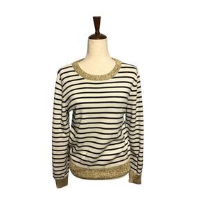 Marled Black Cream Striped Crew Neck Ribbed Sweater MED
